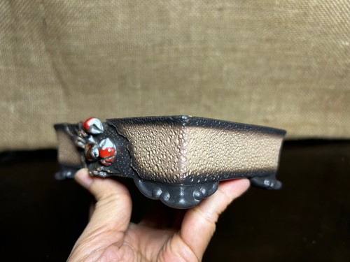 Unique Bonsai tree pot, Ceramic pot, crab & brick wall sculpture, size 5" - Picture 4 of 10