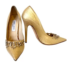Jimmy Choo Glitter Gold Pump Jewels Stiletto Pointy Toe Italy Size 40 US 10 EUC