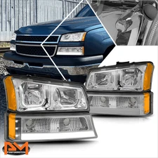 For 03-06 Chevy Silverado/Avalanche LED DRL Bar J-Halo Headlights Chrome/Amber