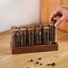 Coffee Bean Storage Container Walnut Wood Base 12 Tubes Single Dose Holder