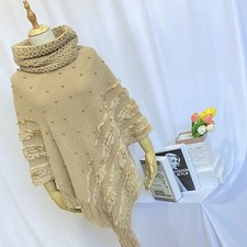 Femme Tricot Poncho Cape Gland Franges Enveloppant Étole Manteau Perlé Chaud