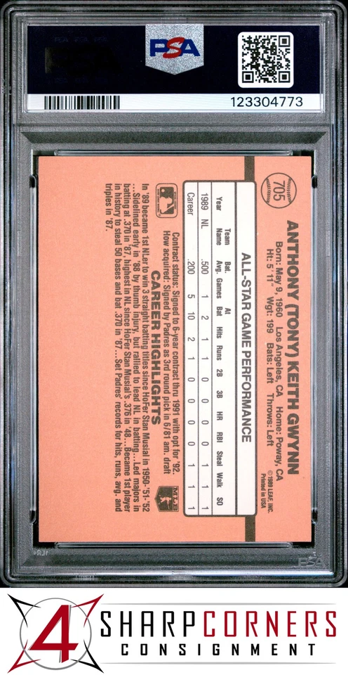1990 DONRUSS ALL-STAR GAME PERFORMANCE #705 TONY GWYNN HOF PSA 10 - Image 2 of 3