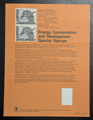 USPS Energy Conservation and Development Special Stamps Souvenir Page NO STAMP