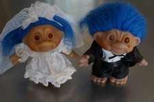 Vintage Wedding Troll Dolls   Bride  Groom Set   Blue Hair   1990s Toy