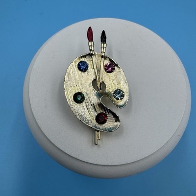 Vintage Artist Paint Palette Brooch Pin Gold Tone Multi Colored Rhinestones