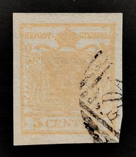 Francobollo Lombardo Veneto 1850 5 cent usato n.1 giallo ocra certificato