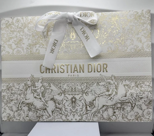 Sac cadeau de vacances Christian DIOR ~ or et blanc avec ruban ~ 9,5 x 7 x 3,5 ~ pli