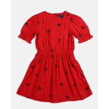 Tommy Hilfiger Girls Dress 16 Red Fit Flare Puff Sleeve Cotton Floral Flower EUC