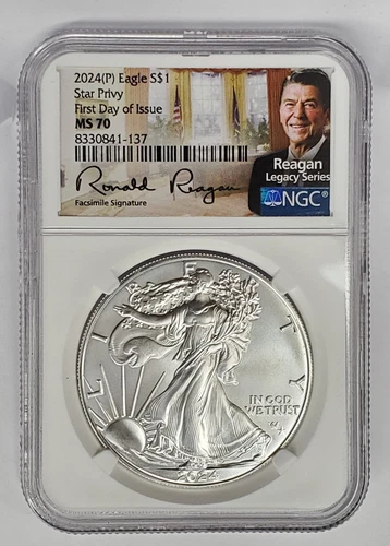 2024 (P) American Silver Eagle w/ Star Privy NGC MS 70 First Day Issue Reagan