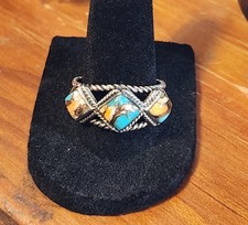 3 Stone Spiny Oyster Turquoise Ring Sterling Silver SIGNED T Philippines VTG 9.5