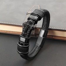 Men's Dark Series Leather Cross Bracelet Multi-layer Hand-woven Stainless Steel