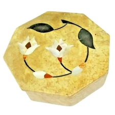 Vintage Fetco Hand Made India Soap Stone Trinket Box Mother of Pearl Flower