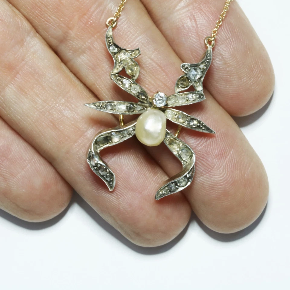 Collar colgante araña/cangrejo oro 14kt diamantes antiguos reciclados, perlas, plata Foto 4 de 4