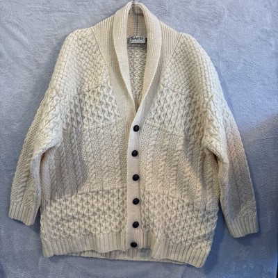 Saol Ireland Cardigan Sweater Women 3XL Ivory Merino Button Chunky Knit Shawl