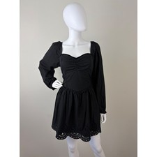 American Eagle L Black Eyelet Hem Puff Sleeve Dress Sweetheart Neck Whimsigoth