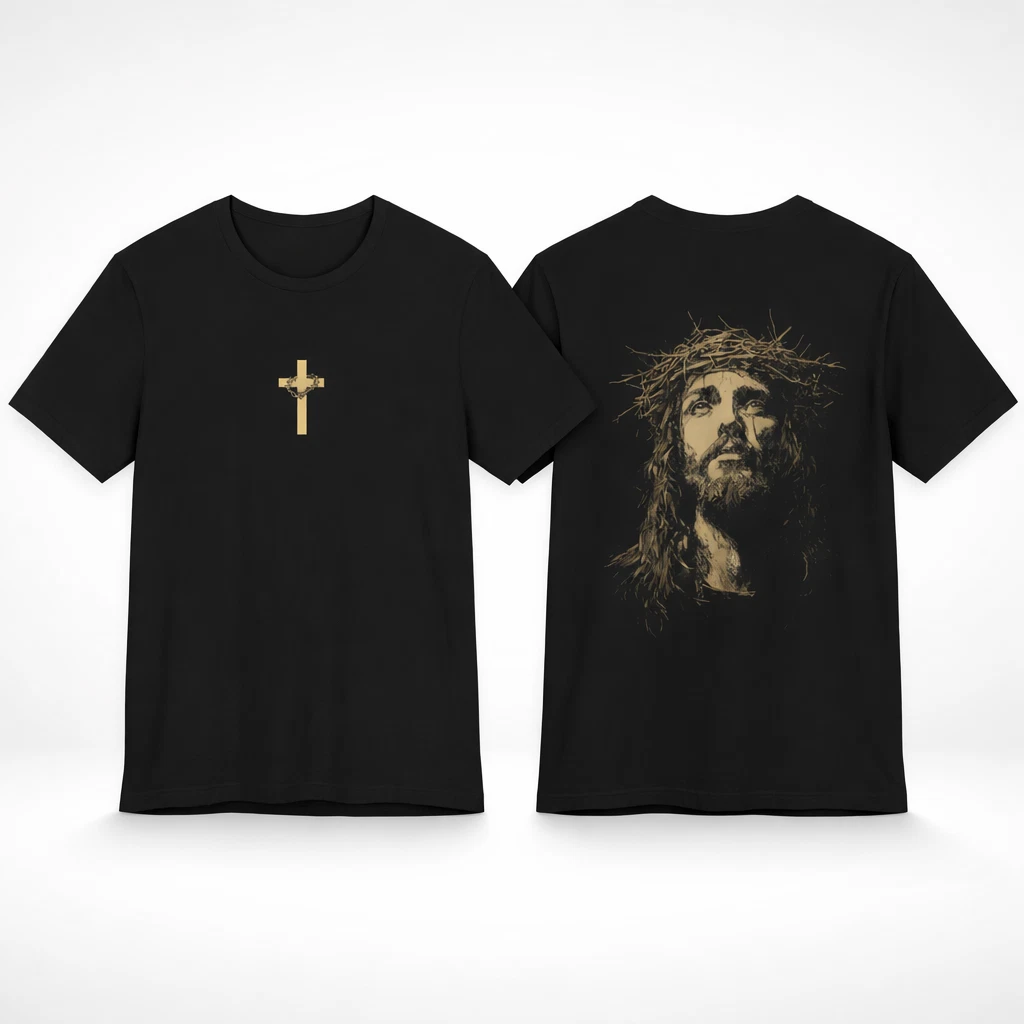 Vintage Jesus Cross Crown of Thorns Graphic Tee Washed Black Shirt