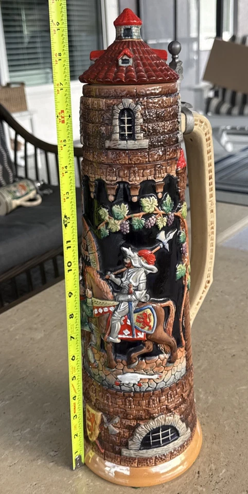 Extra Large 17”Antique West GERMAN Beer Stein W/ Rare Castle Lid VTG EUC Must Se - image 2 of 4