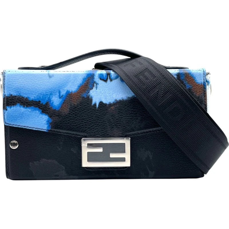 FENDI Soft Trunk Baguette Black / Blue Leather Shoulder Bag 7VA565 #OKB3493