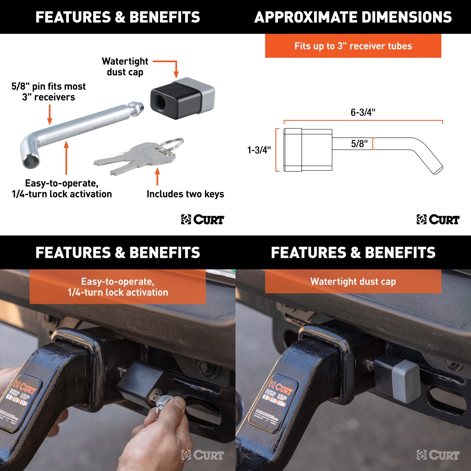 CURT Trailer Hitch 2in Receiver, Multi-Ball Mount w/ Hook & Hitch Lock Kit 13566