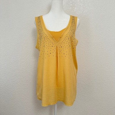 Vocal Tank Top Womens Medium Yellow Rhinestone Embellished Waffle Knit Preppy