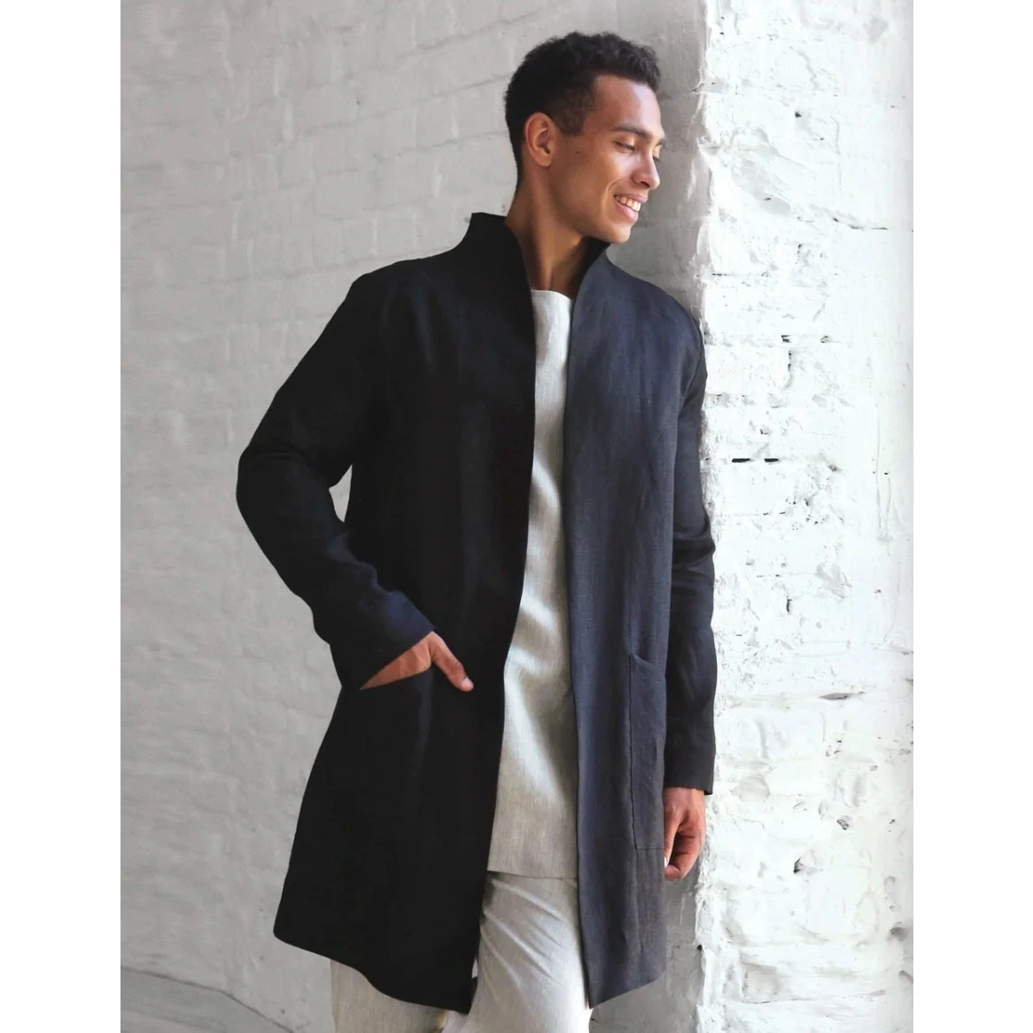 Black Ficus Linen Trench Almond in Black Mens S Longline Duster Open Front