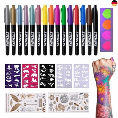Tattoo Farbe Hautfreundlich,Tattoo Stifte Kinder 15 Farben+50 Farbschablonen+43