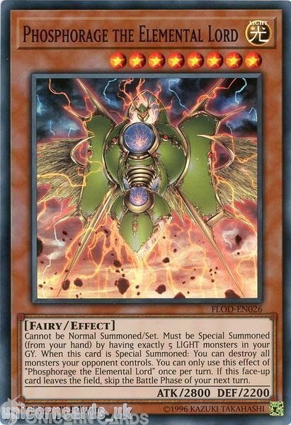 FLOD-EN026 Phosphorage the Elemental Lord Super Rare 1st Edition Mint YuGiOh Car