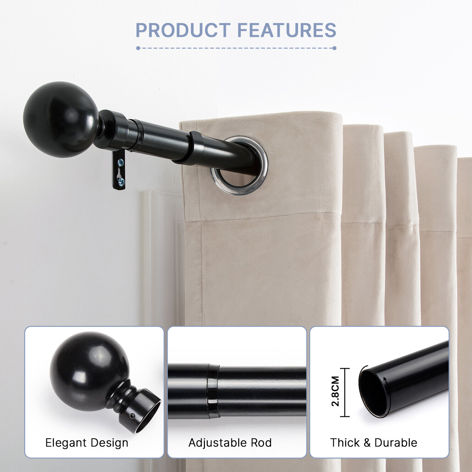 Metal Curtain Pole Extendable 28mm Curtain Rod Set W Finials Rings Rod Fittings - Picture 13 of 37