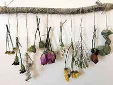 Hanging Dried Flower Wall Decor, Rustic Flowers on a Wooden Branch, Home Decor