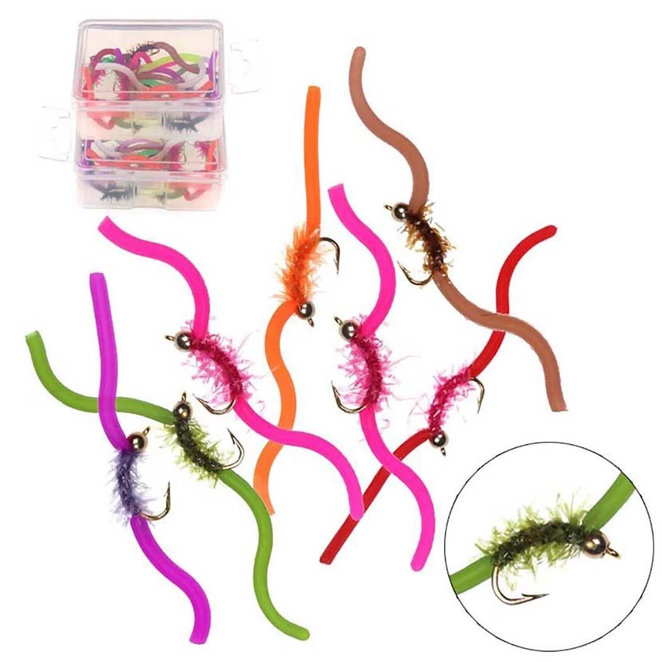 50Pcs Brass Bead Head Squirmy Wormy Fly Trout Fishing Lures Nymph Worm Baits - Image 3 of 4