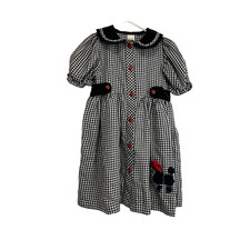 Vintage Black White Houndstooth Button Front Poodle Applique Skirt Dress Girls 6