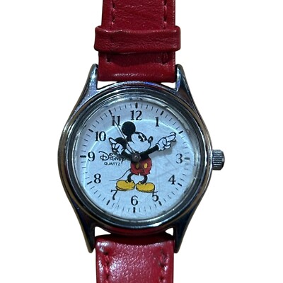 Disney Time Works Mickey Mouse Quartz Watch w/ Red Strap 8 inches long