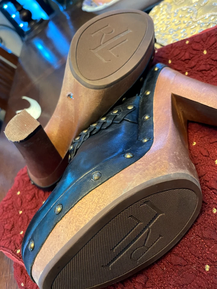 Ralph Lauren Vintage Cuero Negro Mula Madera Tacones 8 Nunca Usados Exterior Foto 4 de 4