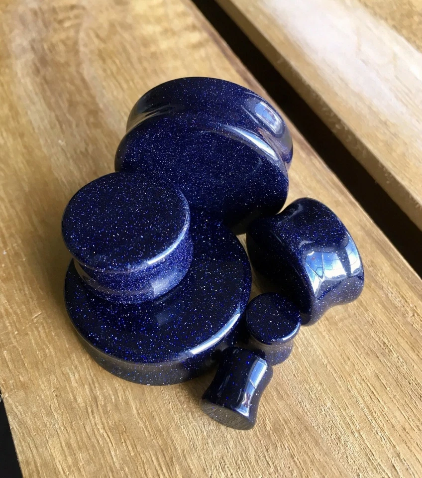PAIR Blue Midnight Goldstone Stone Plugs Sandstone Gauges - up to 38mm available - Image 2 of 4