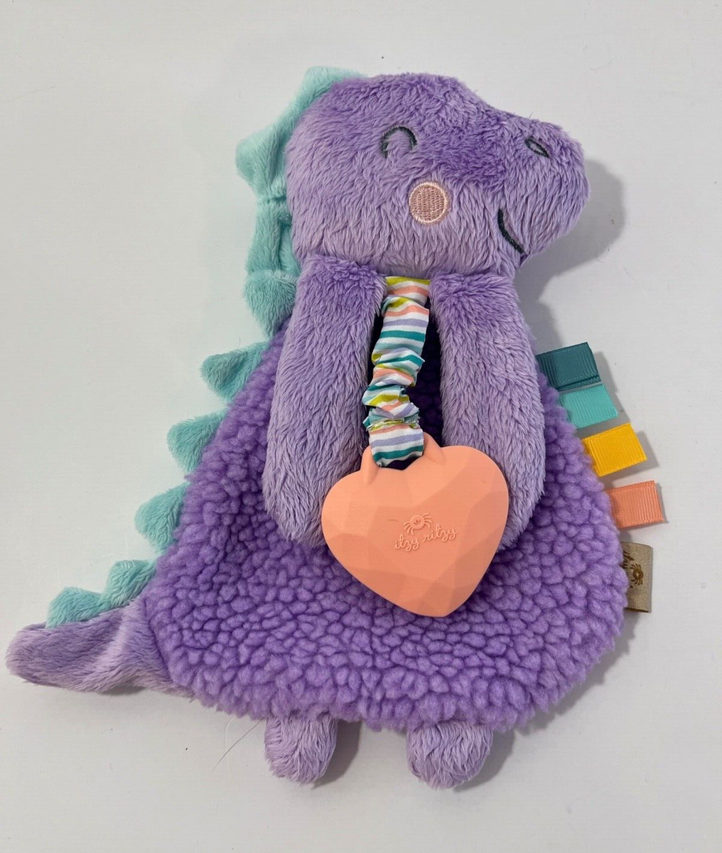 Itzy Ritzy Purple Dinosaur Rattle Crinkle Tags Teether Lovey Plush