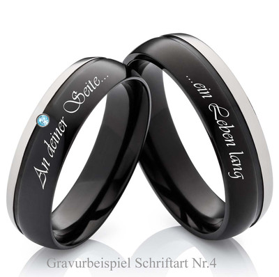 schwarze Trauringe Eheringe Partnerringe Titan mit blauem Stein Lasergravur H220