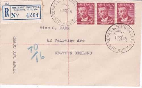 AFD5040) Australia 1948 2½d Von Mueller strip of 3 on plain registered FDC. Addr