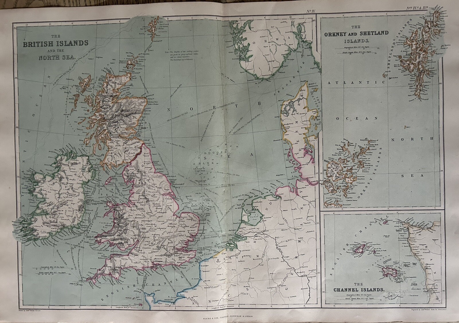 Mappa antica originale 1872 Isole Britanniche colorata a mano di W.G. Blackie
