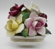 10 Cm : PANIER BOUQUET POT DE FLEURS ROSES EN PORCELAINE ANGLAISE STAFFORFSHIRE