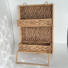 Vintage Wicker Rattan Wall Shelf 2 Tier With Towel Hanger Boho MCM Cottage