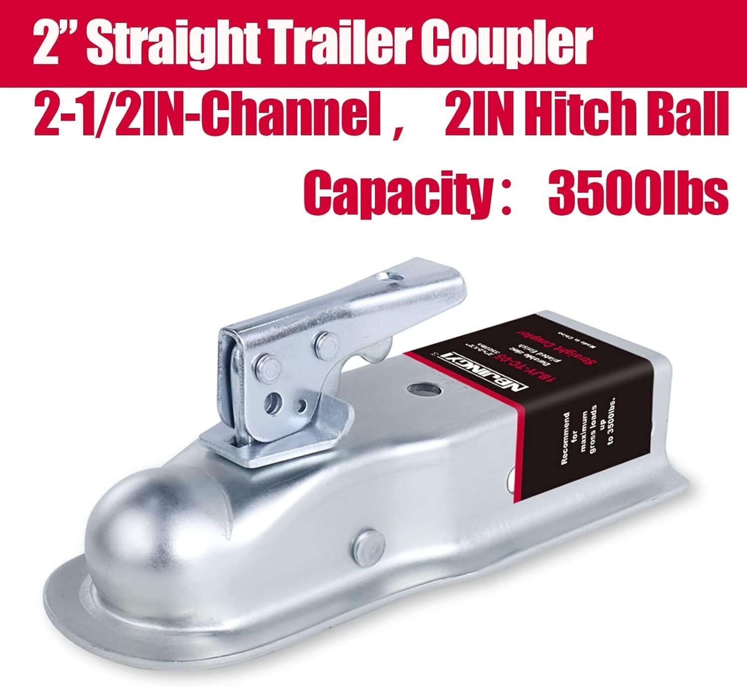 Straight Tongue Trailer Coupler for 2" Hitch Ball with 21/2"Channel
