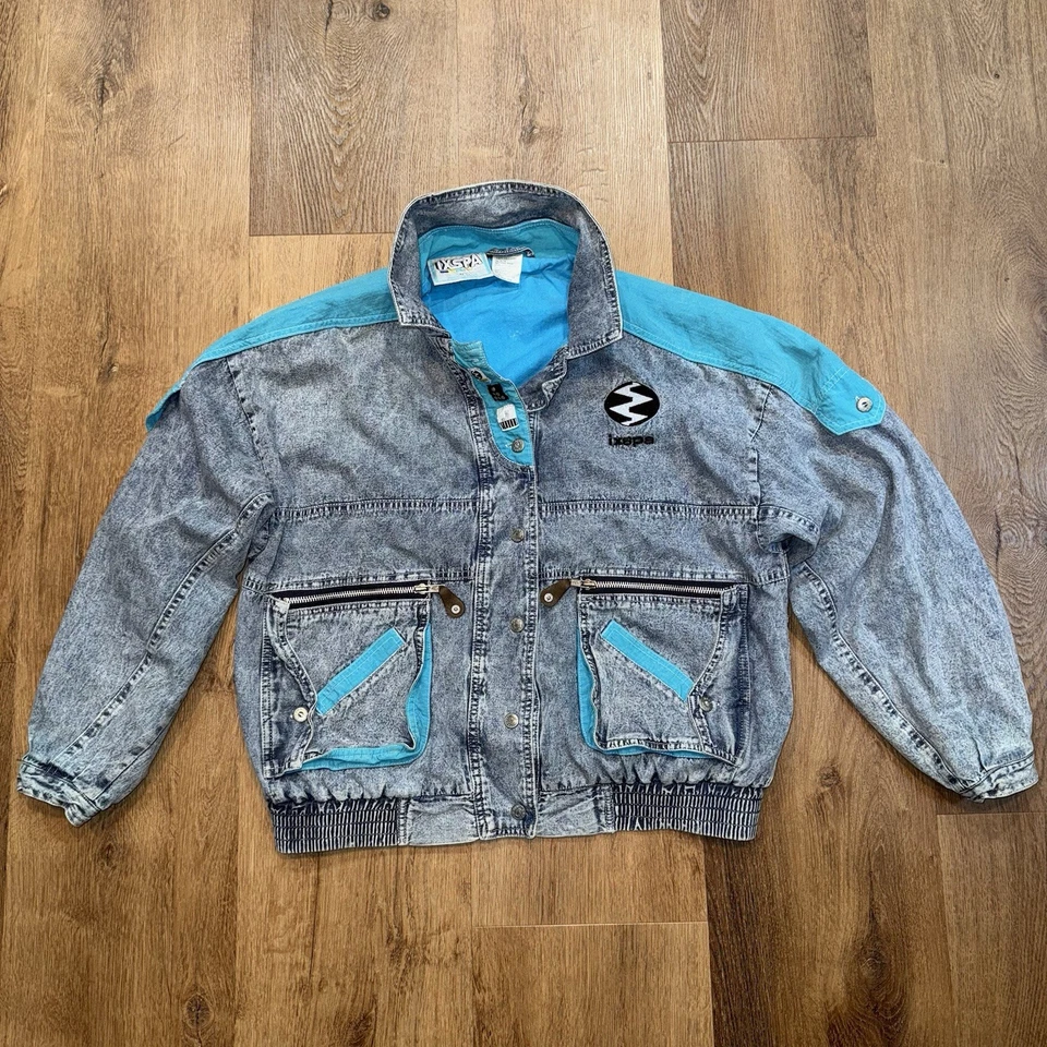 Винтажный джинсовой ткани трек костюм Ixspa куртка брюки кислоты стирка 1980-х 1990-х женщин средний - Изображение 2 из 4