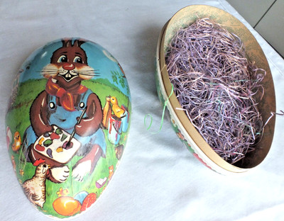 Large paper mache EASTER EGG painting bunny rabbit CANDY CONTAINER 10''x7'' German