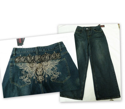 Romwe Jeans Women's sz 6 Medium Wide Leg High Waisted Embroidered Goth Dark Blue