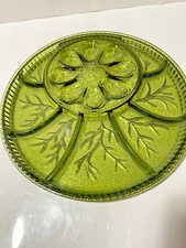 VTG Indiana 13"  Avocado Green  Glass Deviled Egg Relish Serving Plate Platter