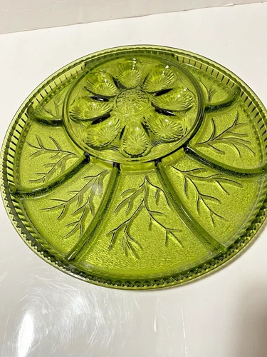 VTG Indiana 13"  Avocado Green  Glass Deviled Egg Relish Serving Plate Platter