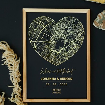 Personalised Foil Map Heart shape Print of Any Location, Metallic Foil Map Print