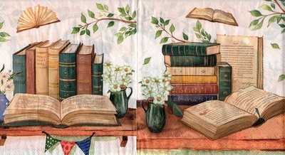 3 Servietten ~ Stillleben, Ein Bücherregal mit Büchern, Stapel Bücher ~ 33x33