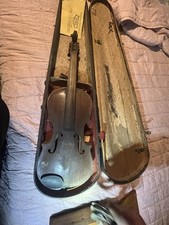 Antique Violin in Case 2 Bows Tiger Maple Back Unmarked 1940s