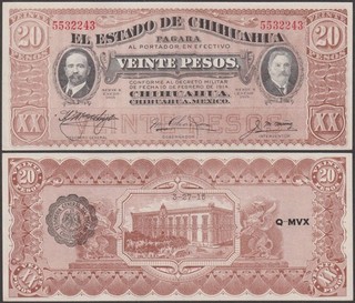 El Estado De Chihuahua Mexico 20 Pesos 1915 VF P S537